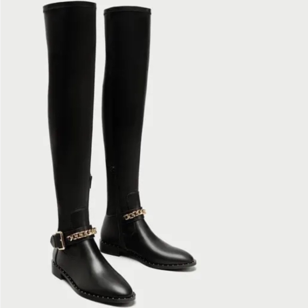 ZARA FLAT OVER-THE-KNEE BOOTS WITH GOLD CHAIN DETAIL